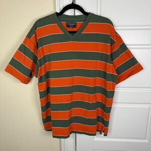 Abercrombie & Fitch Striped T-Shirt Mens Large Green Orange Y2K High V-Neck Boxy